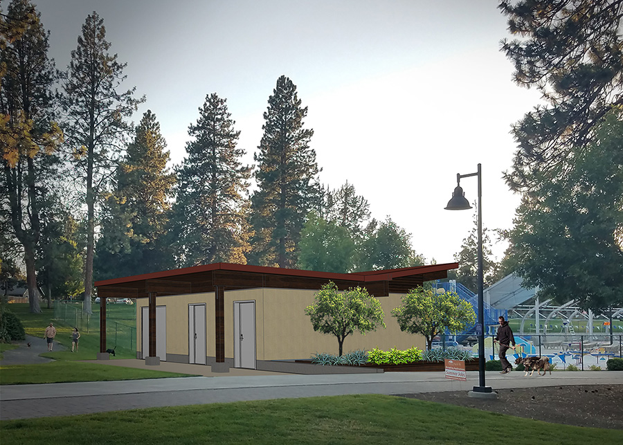 A digital rendering of the bathroom building set against the real background of Juniper Park and Fitness center